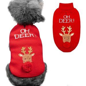 cyeollo Dog Christmas Sweater Reindeer Costume Turtleneck Knitted / Leash Hole